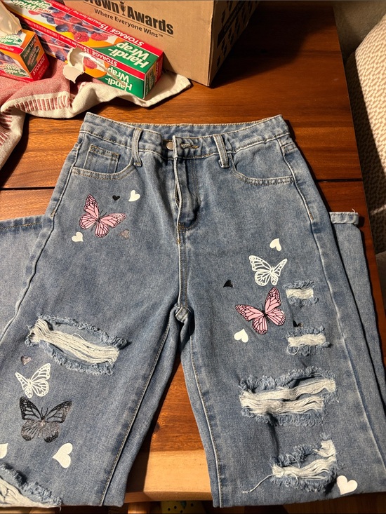 SHEIN Other - SHEIN Blue Distressed Jeans with Pink & White Butterfly Print
